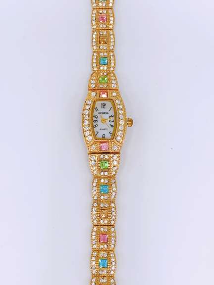 Ladies Geneva & Gemstone Watch, 18kt Gold Plated