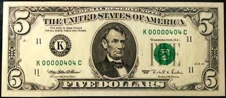 Gem Crisp 1995 $5 Federal Reserve Note Scarce Binary Three Digit Serial Number!