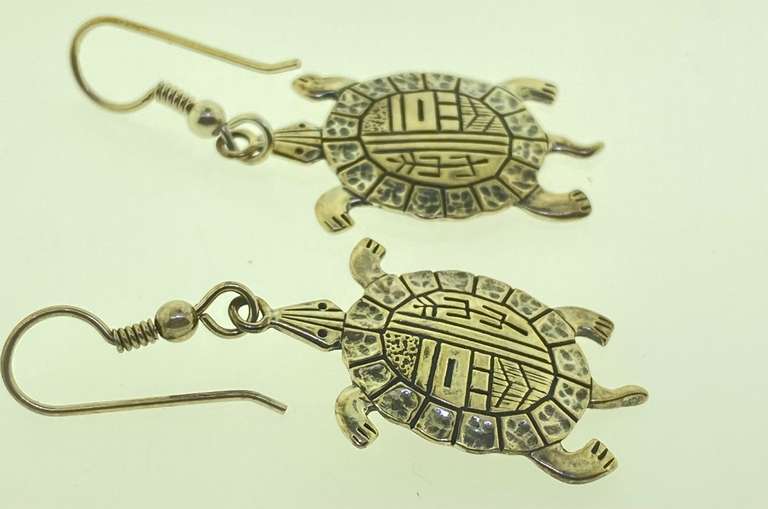 Sterling Silver PMT Signed Turtle Drop Earrings