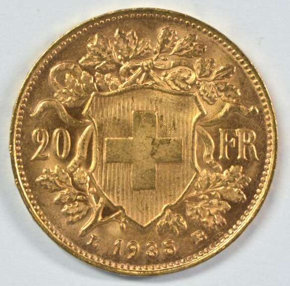 Superb Gem BU 1935-B Switzerland 20 Francs Gold Piece