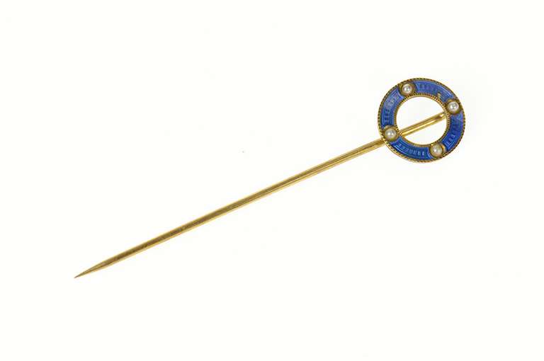 14K Yellow Gold Victorian Blue Enamel Seed Pearl Circle Stick Pin