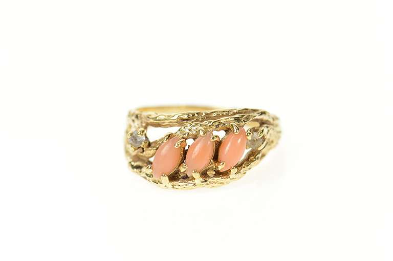 14K Yellow Gold 1960's Retro Coral Diamond Tree Branch Ring