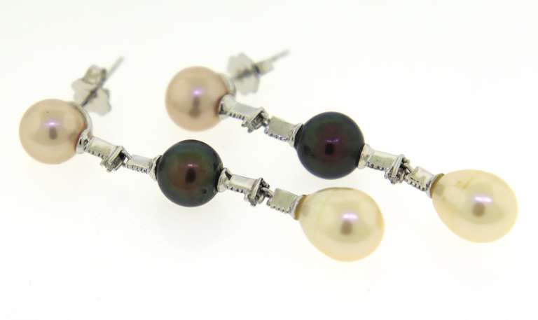 Fantastic 14kt WG Tri-Color Fresh Water Pearl Dangle Earrings