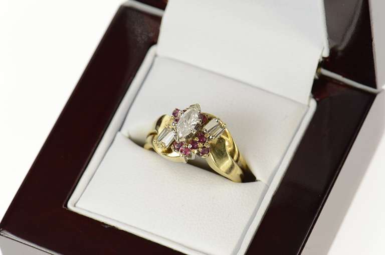 18K Yellow Gold 0.73 Ctw Marquise Diamond Ruby Engagement Ring