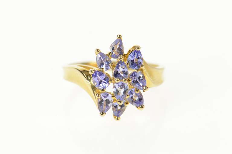 14K Yellow Gold Pear Tanzanite Cluster Statement Cocktail Ring