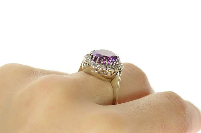 14K White Gold Oval Amethyst Diamond Halo Cocktail Ring