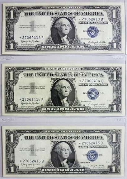 (3) Gem Crisp 1957B $1 Star Replacement Silver Certificates-Consecutive!