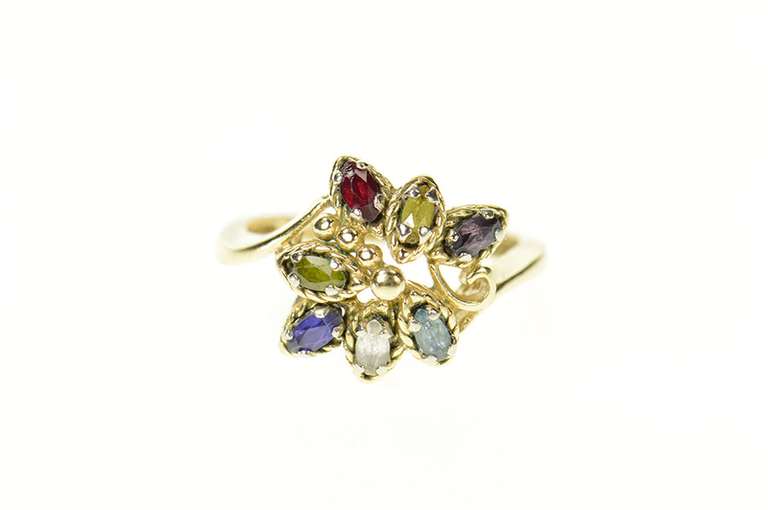 14K Yellow Gold 1960's Retro Ornate Marquise Gemstone Cluster Ring