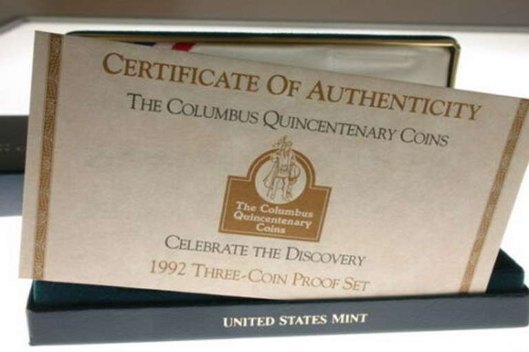 1992 Columbus 3-Coin Proof Set with $5 Gold Piece. COA