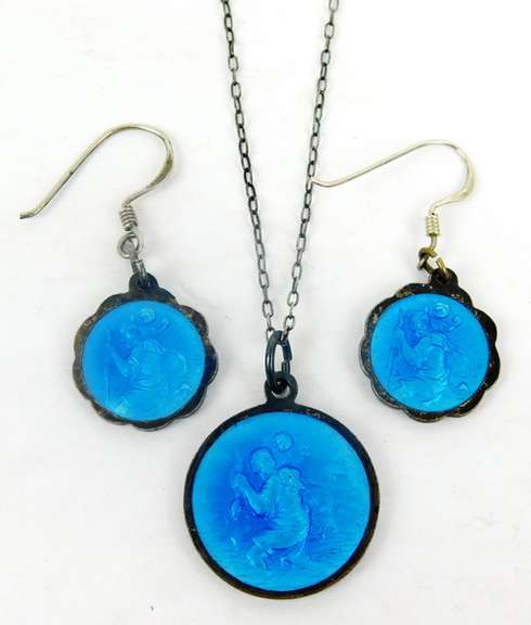 Early Sterling Enameled St. Christopher Necklace & Earrings