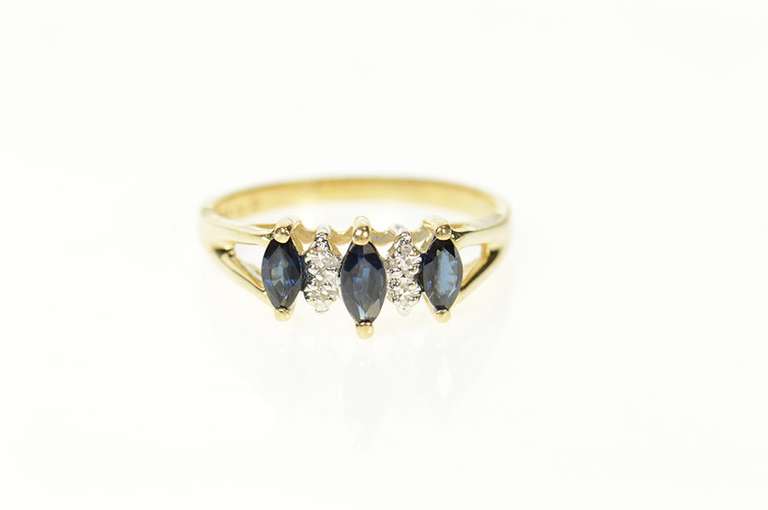 14K Yellow Gold Three Stone Sapphire Diamond Statement Band Ring