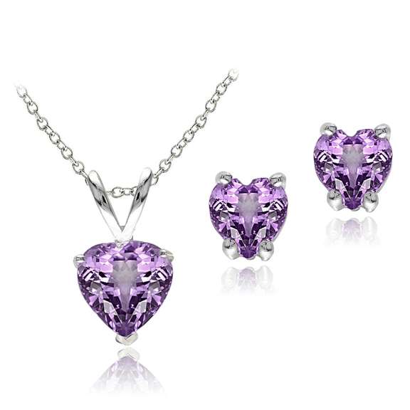 Sterling Silver 1.9ct TGW Amethyst Heart Solitaire Pendant & Stud Earrings Set, 18"