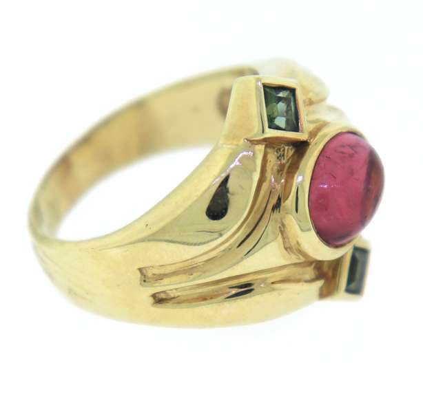 Powerful Yellow Gold Oval Cabochon Shaped Pink Tourmaline Cocktail Ring