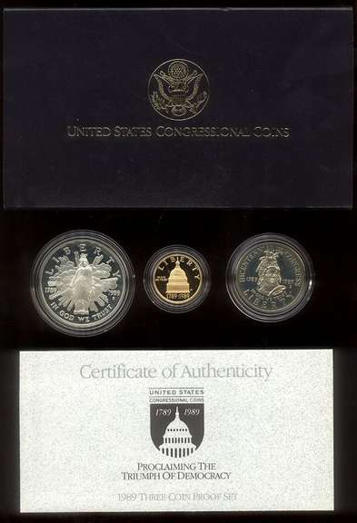 1989 Congressional 3-Coin Proof Set with $5 gold. COA