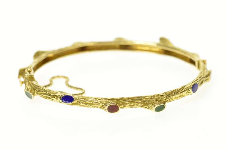 18K Yellow Gold Tree Branch Nature Motif Enamel Bangle Bracelet