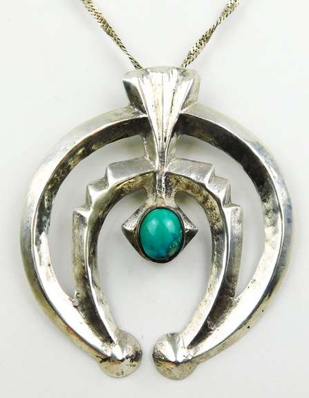 Early Navajo Sterling Sandcast Turquoise Naja & Chain