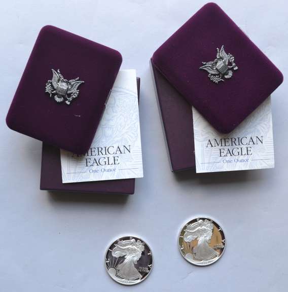 2 1995 Silver Proof Eagles With Box & Paper