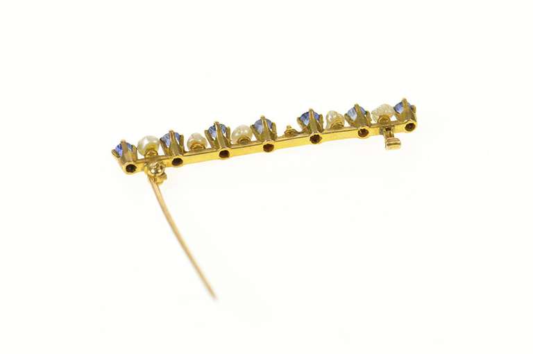 10K Yellow Gold Victorian Sim. Sapphire Pearl Classic Bar Pin/Brooch