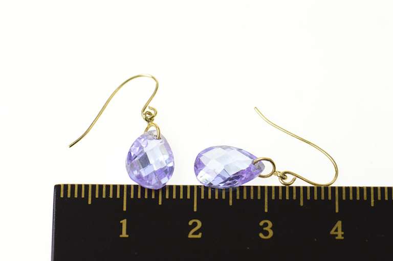 14K Yellow Gold Faceted Purple Cubic Zirconia Pear Dangle Earrings