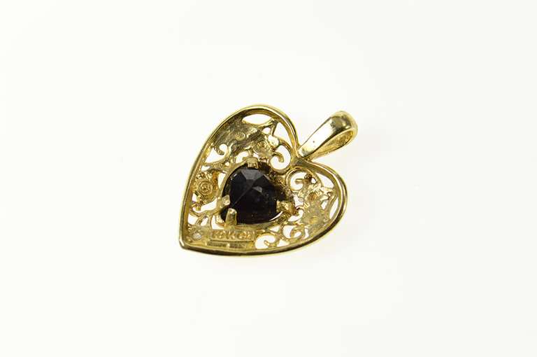 10K Yellow Gold Heart Sapphire Diamond Accent Filigree Pendant