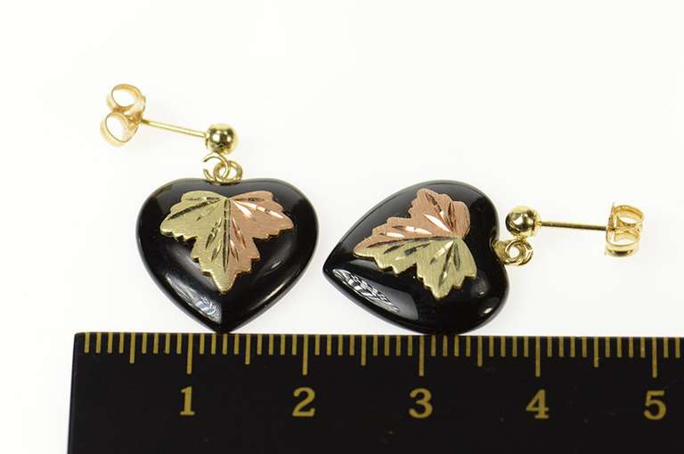 14K Yellow Gold Heart Black Onyx Black Hills Leaf Dangle Earrings