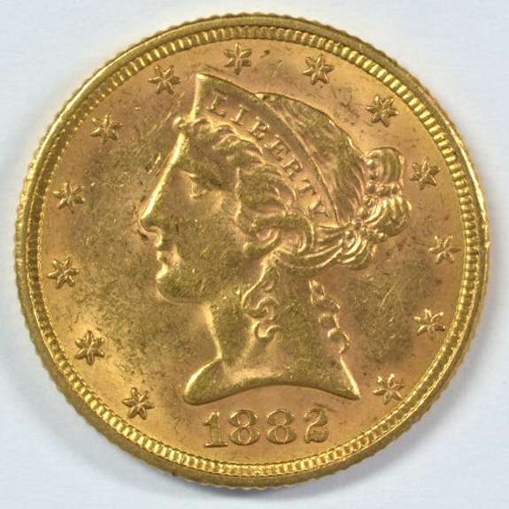 Fresh BU 1882 US $5 Liberty Gold Piece. Full strike
