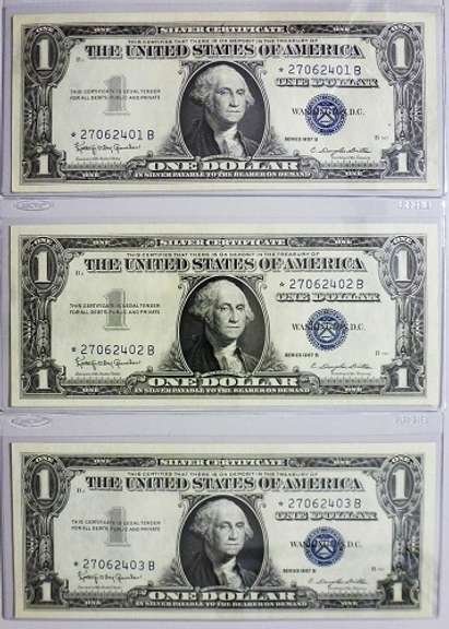 (3) Gem Crisp 1957B $1 Star Replacement Silver Certificates-Consecutive!
