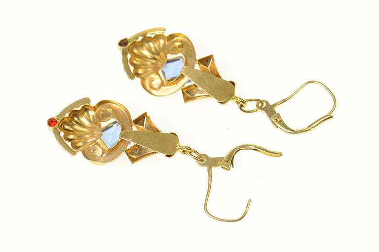 14K Yellow Gold 1930's Art Deco Ornate Sim. Topaz Dangle Earrings