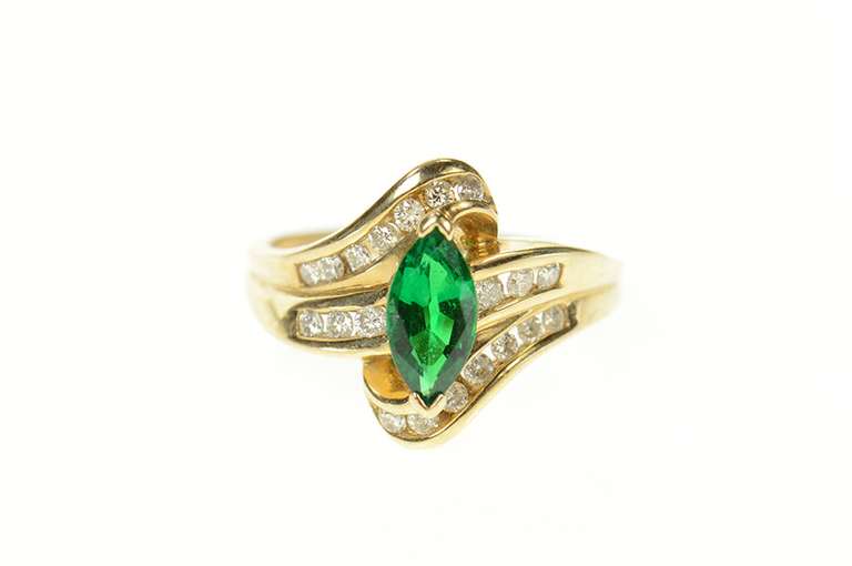 10K Yellow Gold Marquise Emerald Diamond Bypass Statement Ring