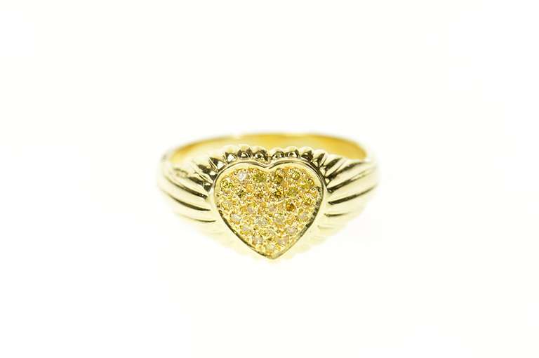 14K Yellow Gold Pave Diamond Heart Grooved Love Symbol Ring