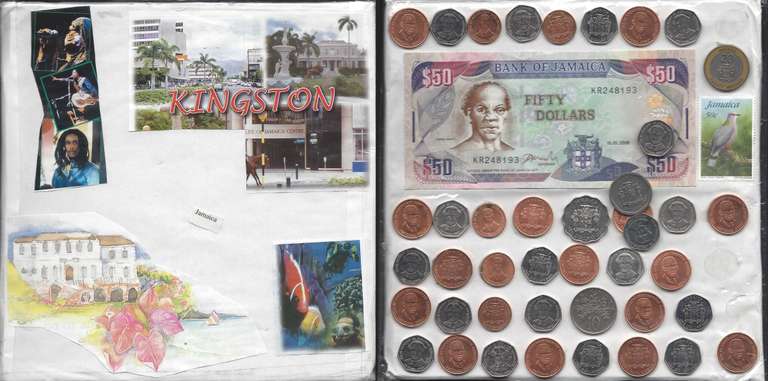 KIngston Jamaica 2005 $50 bill along with collectible coins and 50Cent stamp