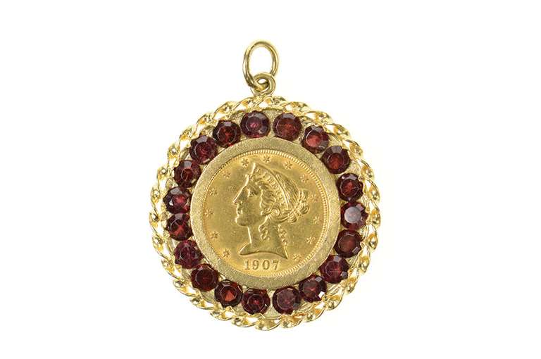 14K Yellow Gold 1907 Liberty Head $5 Garnet Halo Coin Charm/Pendant