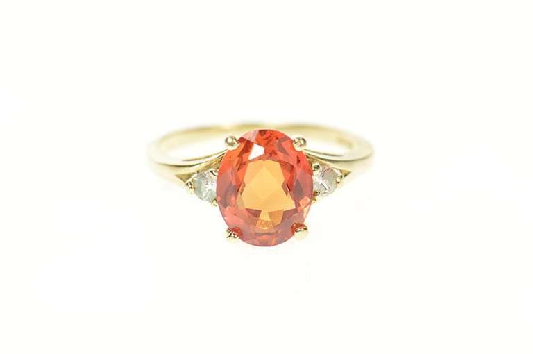 10K Yellow Gold Oval Syn. Mexican Fire Opal CZ Accent Ring