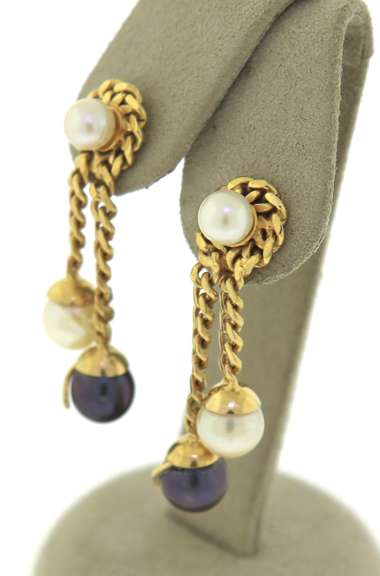 Handsome Yellow Gold Black and White Pearl Earrings