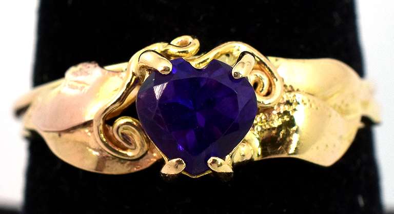 Ornate Heart-Cut Amethyst Ring in 14KT Yellow Gold