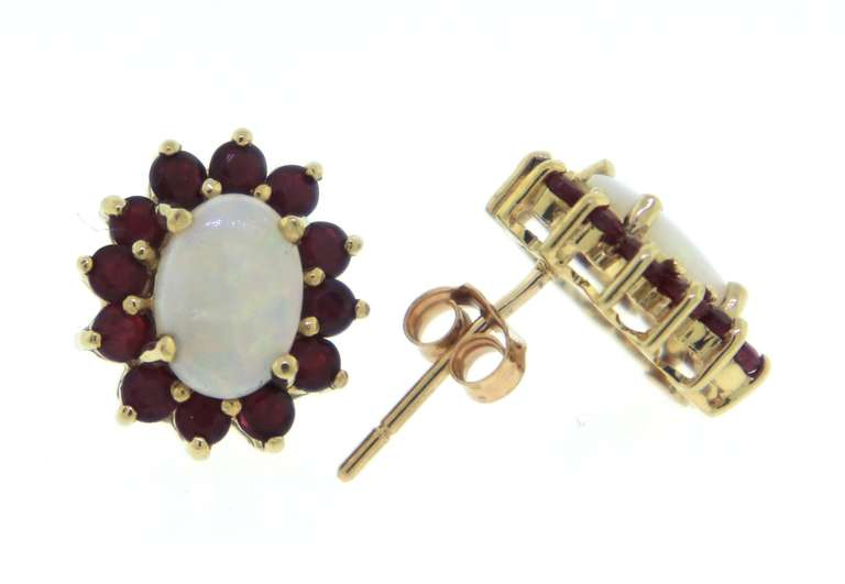 Wonderful Yellow Gold Opal and Ruby Earrings