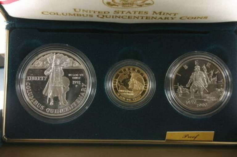 1992 Columbus 3-Coin Proof Set with $5 Gold Piece. COA