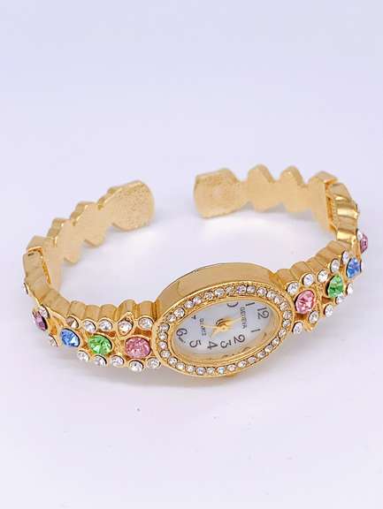Ladies Geneva & Gemstone Cuff Watch, 18kt Gold Plated