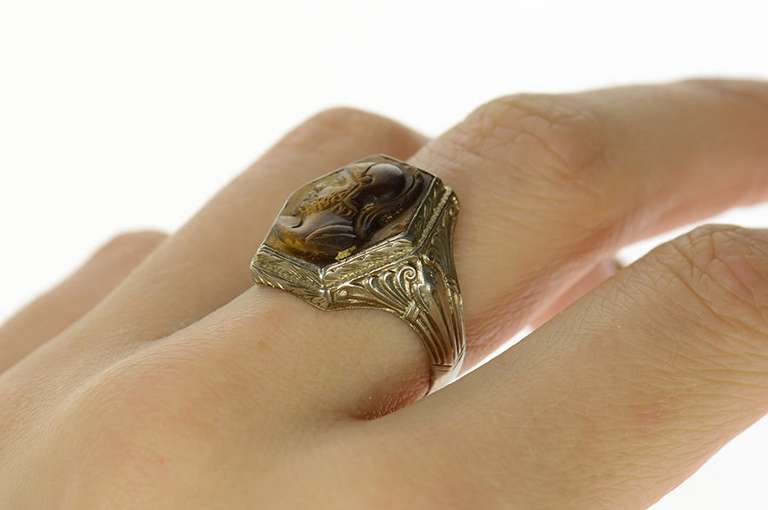 10K White Gold Art Deco Etched Tiger's Eye Soldier Cameo Ring