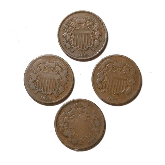 5 Assorted 1864 65 2 Cent Pieces