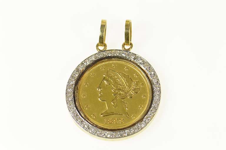 18K Yellow Gold 1899 Liberty Head Half Eagle $5 Coin Diamond Pendant