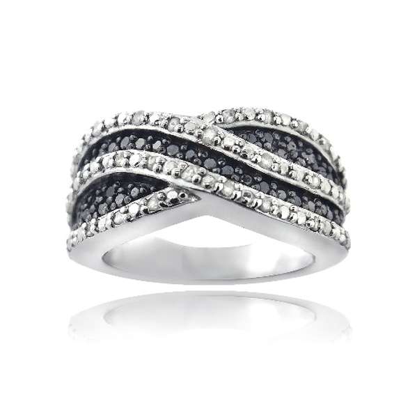 Sterling Silver 1/2ct Black & White Diamond Crossover Wave Band Ring