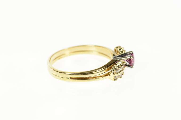 14K Yellow Gold Oval Syn. Pink Sapphire Diamond Bridal Set Ring