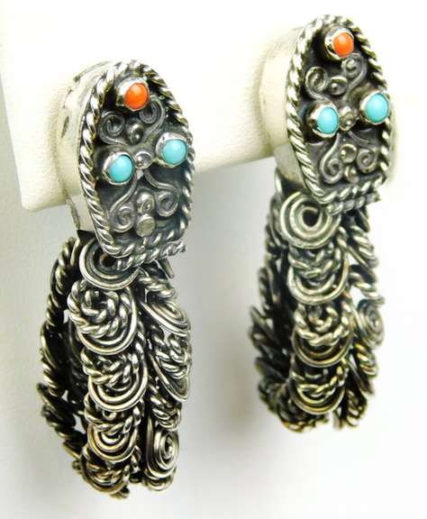 Vintage Escorcia .950 Sterling Turquoise/Coral Snake Earrings
