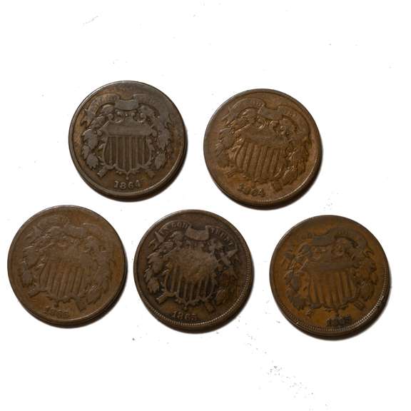 5 Assorted 2 Cent Pieces 1864 - 66