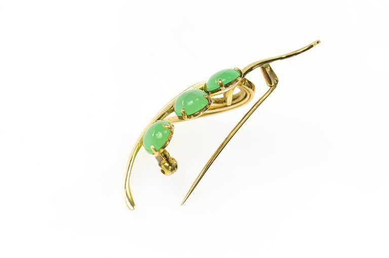14K Yellow Gold Retro Ornate Green Chalcedony Floral Leaf Pin/Brooch