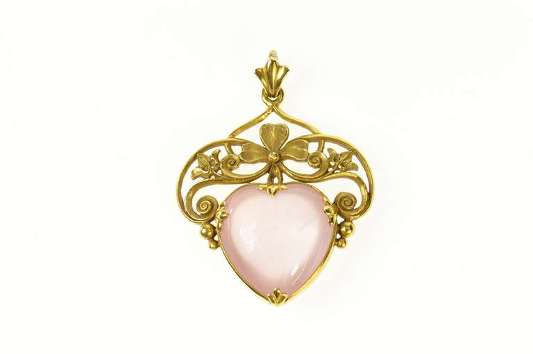 14K Yellow Gold Victorian Rose Quartz Heart Ornate Floral Pendant