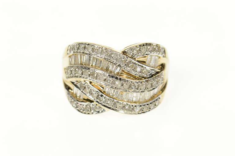 10K Yellow Gold Wavy Criss Cross Tiered Diamond Statement Ring