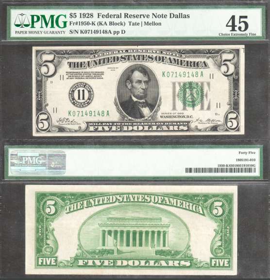 $5 1928 FRN Numeral Seal Dallas Fr. 1950-K PMG Choice Extremely Fine 45