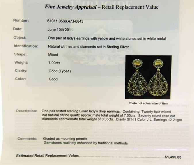 Handsome Sterling Silver Natural Citrine and Diamond Earrings